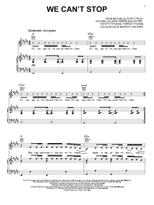 Miley Cyrus We Can't Stop sheet music notes and chords arranged for Cello Solo