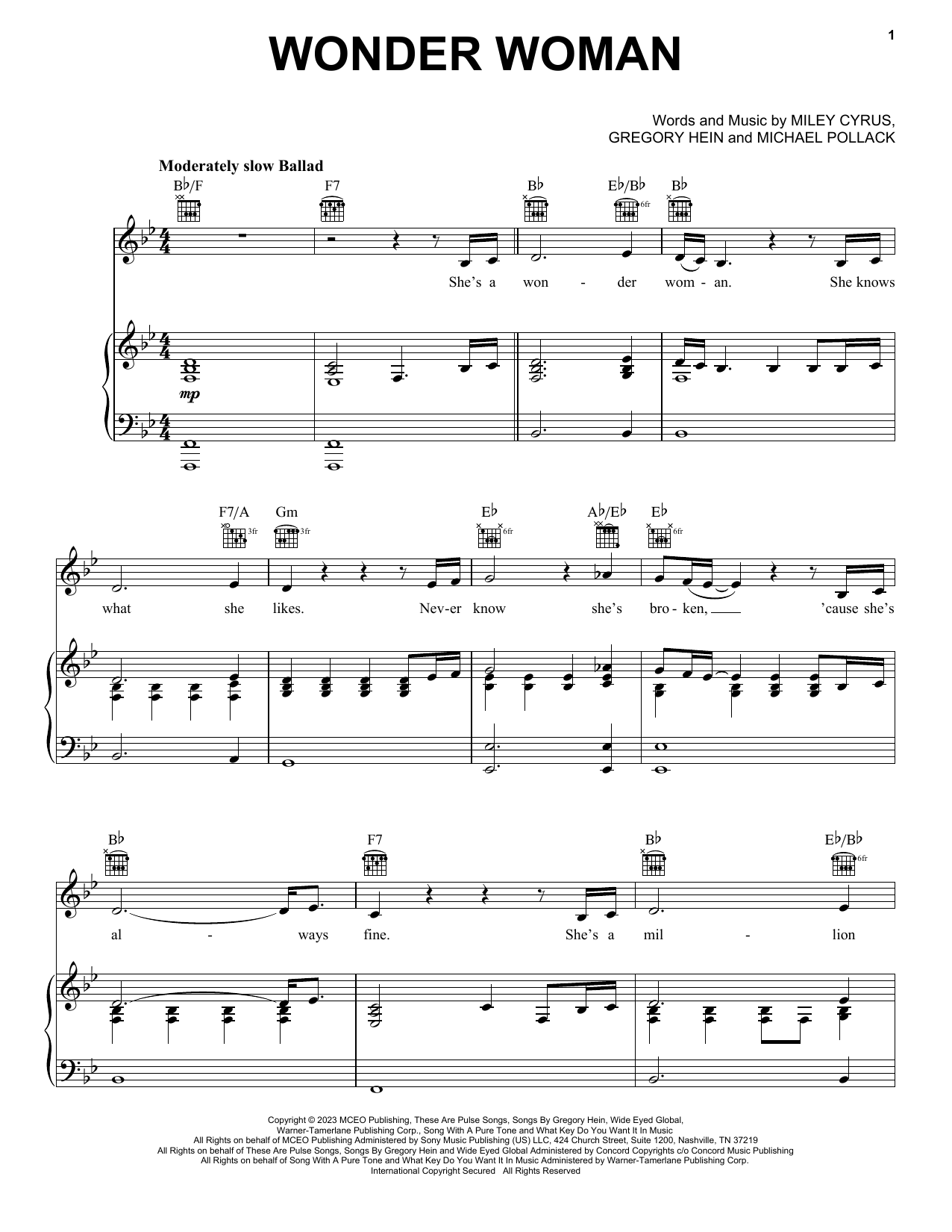 Miley Cyrus Wonder Woman sheet music notes and chords arranged for Easy Piano