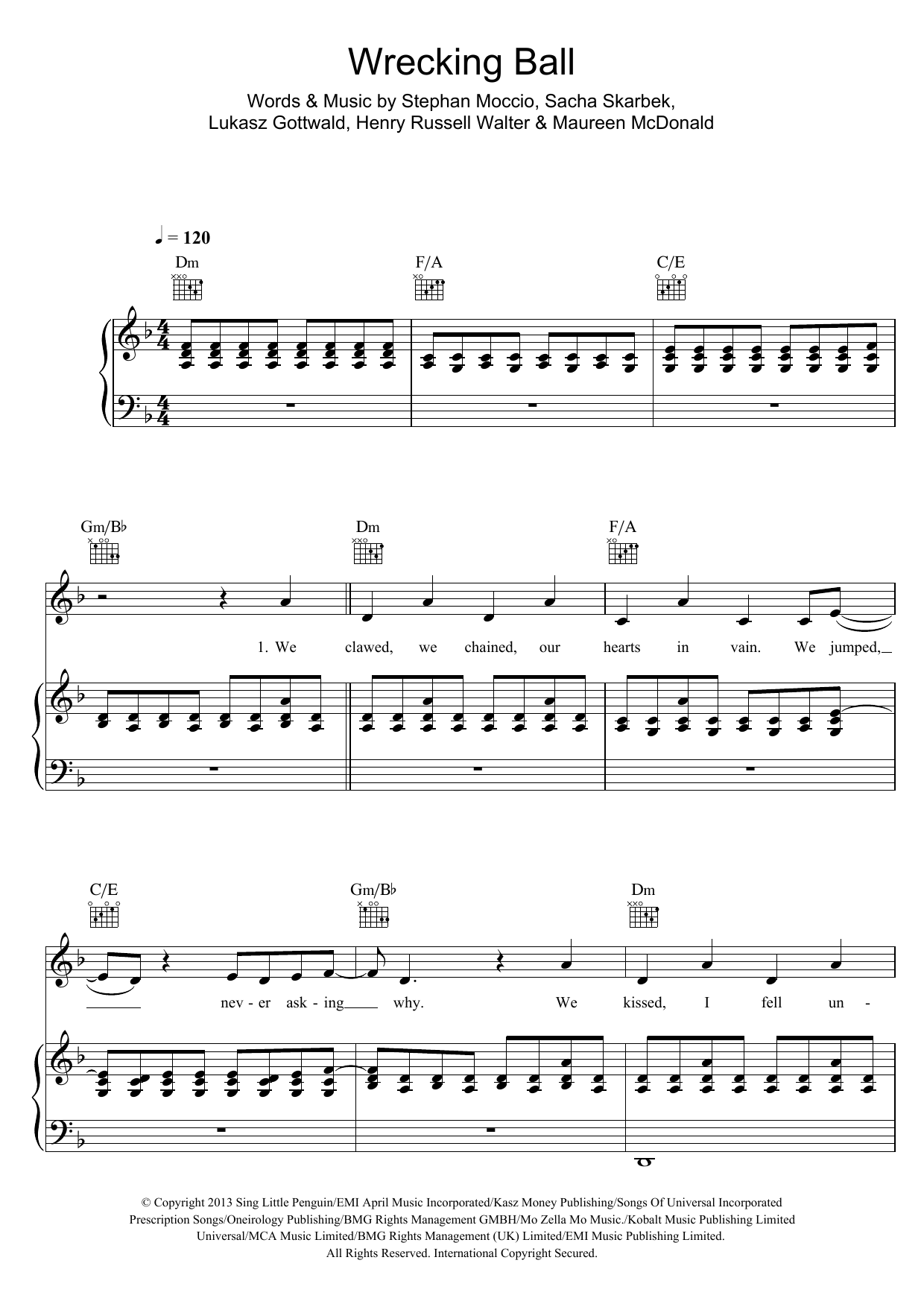 Miley Cyrus Wrecking Ball sheet music notes and chords arranged for Beginner Piano