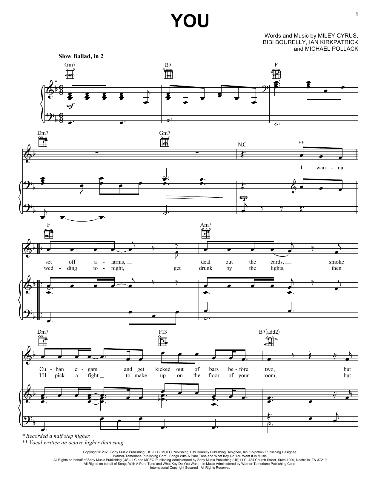 Miley Cyrus You sheet music notes and chords arranged for Piano, Vocal & Guitar Chords (Right-Hand Melody)