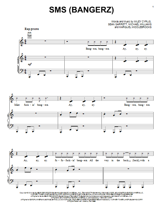 Miley Cyrus SMS (Bangerz) sheet music notes and chords arranged for Piano, Vocal & Guitar Chords (Right-Hand Melody)