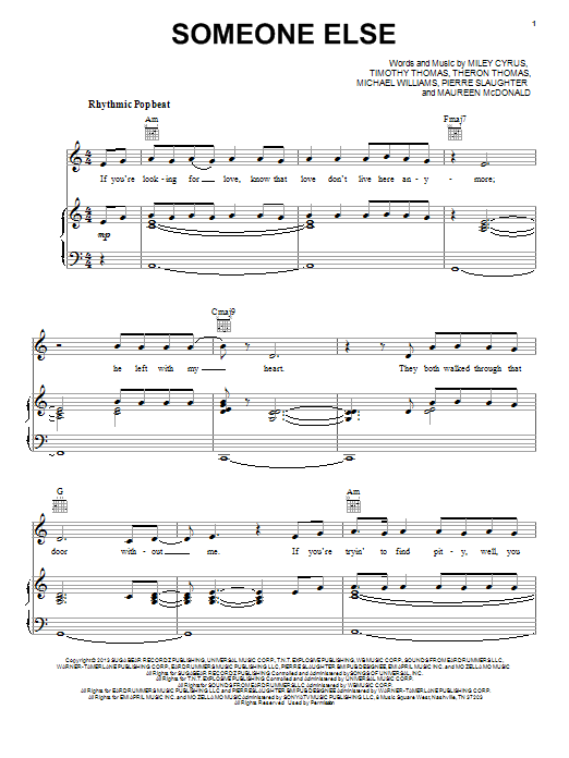 Miley Cyrus Someone Else sheet music notes and chords arranged for Piano, Vocal & Guitar Chords (Right-Hand Melody)