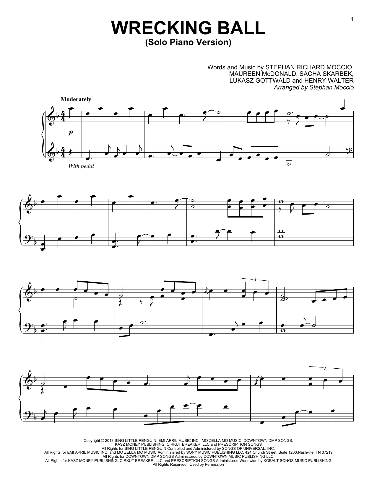 Miley Cyrus Wrecking Ball (Solo Piano Version) (arr. Stephan Moccio) sheet music notes and chords arranged for Piano Solo