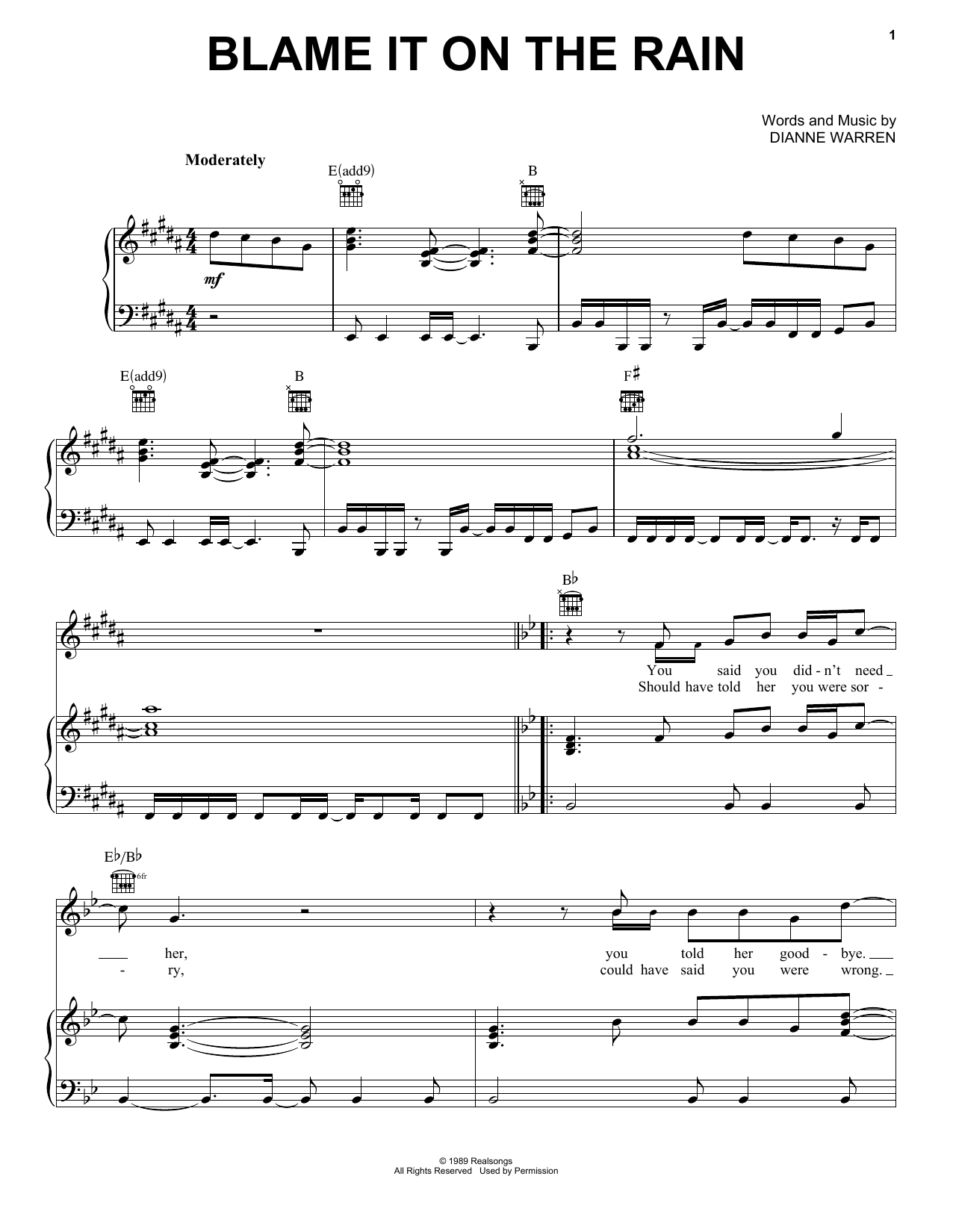 Milli Vanilli Blame It On The Rain sheet music notes and chords arranged for Piano, Vocal & Guitar Chords (Right-Hand Melody)