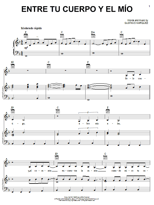 Milly Quezada Entre Tu Cuerpo Y El Mio sheet music notes and chords arranged for Piano, Vocal & Guitar Chords (Right-Hand Melody)