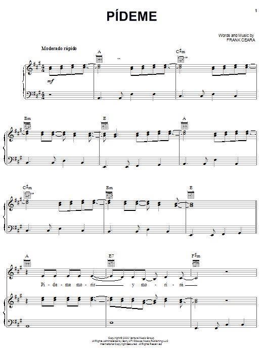 Milly Quezada Pideme sheet music notes and chords arranged for Piano, Vocal & Guitar Chords (Right-Hand Melody)