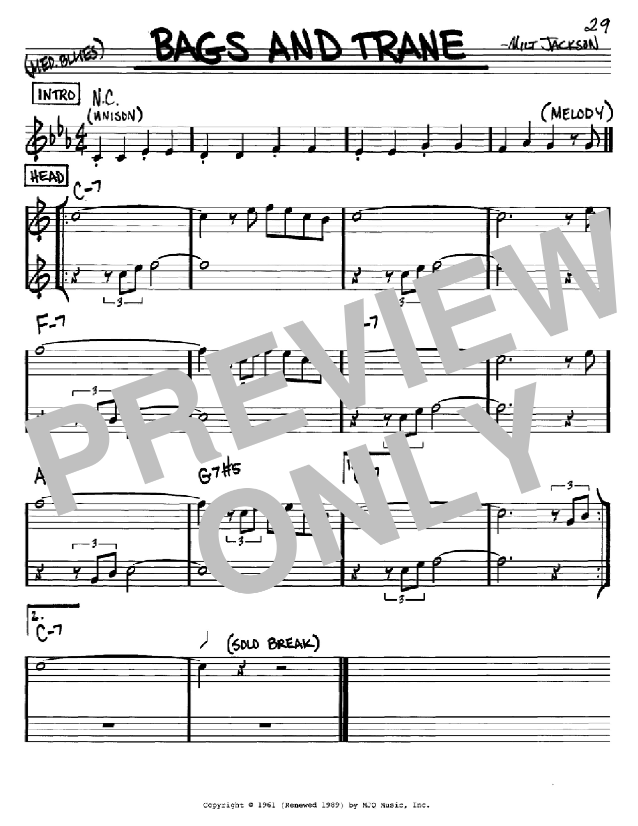 Milt Jackson Bags And Trane sheet music notes and chords arranged for Real Book – Melody & Chords – C Instruments