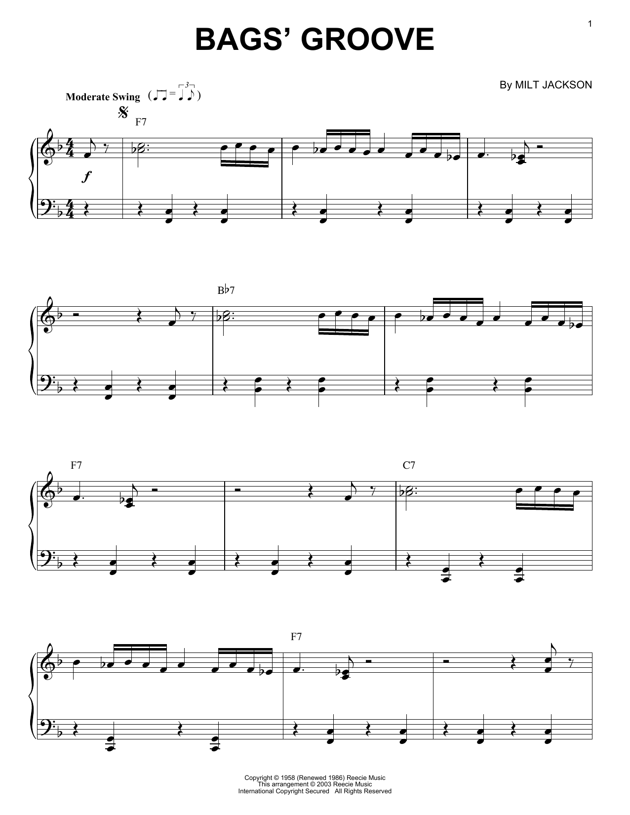 Milt Jackson Bags' Groove [Jazz version] sheet music notes and chords arranged for Piano Solo