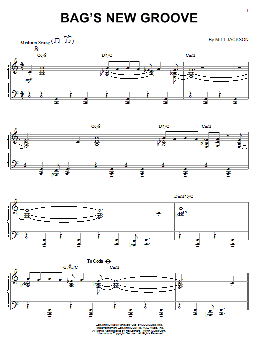 Milt Jackson Bag's New Groove (arr. Brent Edstrom) sheet music notes and chords arranged for Piano Solo