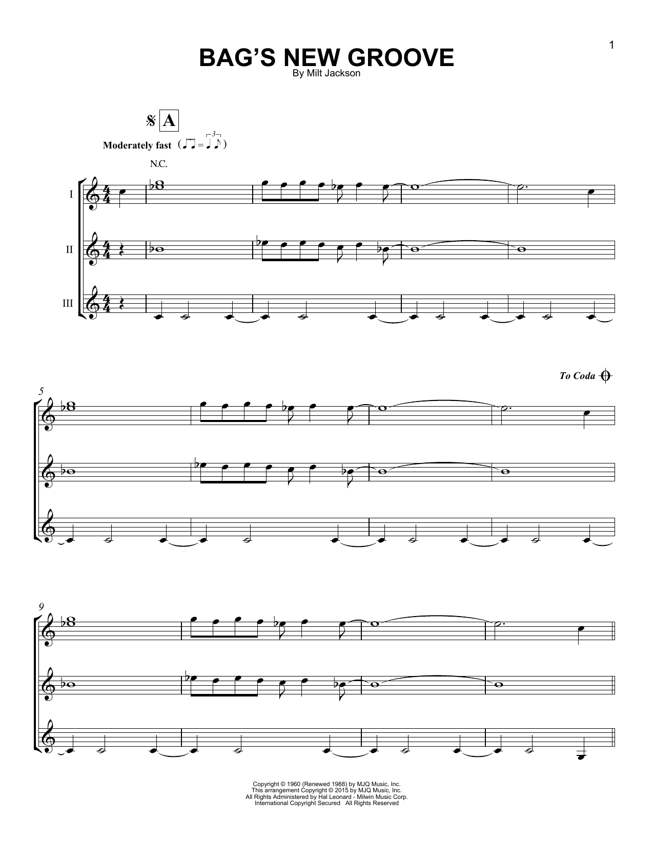 Milt Jackson Bag's New Groove sheet music notes and chords arranged for Guitar Ensemble