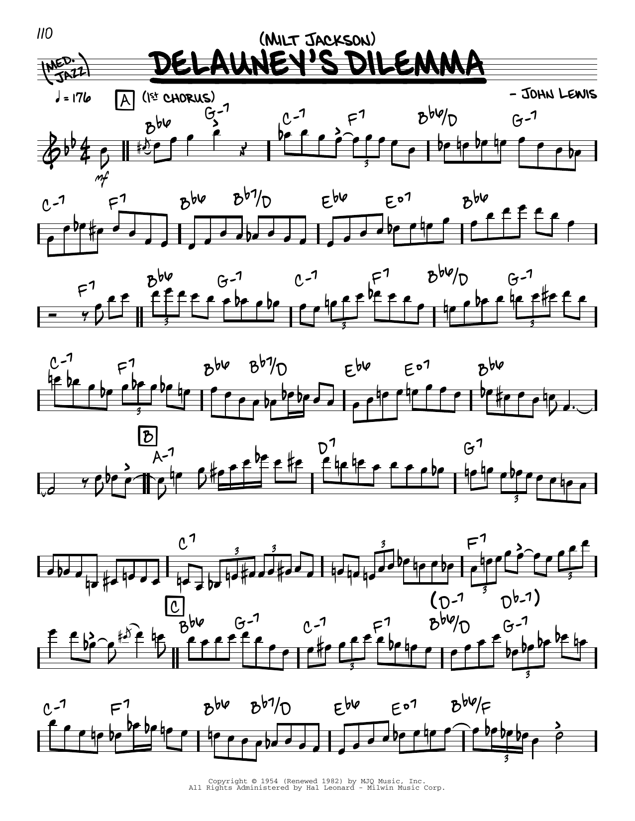 Milt Jackson Delauney's Dilemma (solo only) sheet music notes and chords arranged for Real Book – Melody & Chords