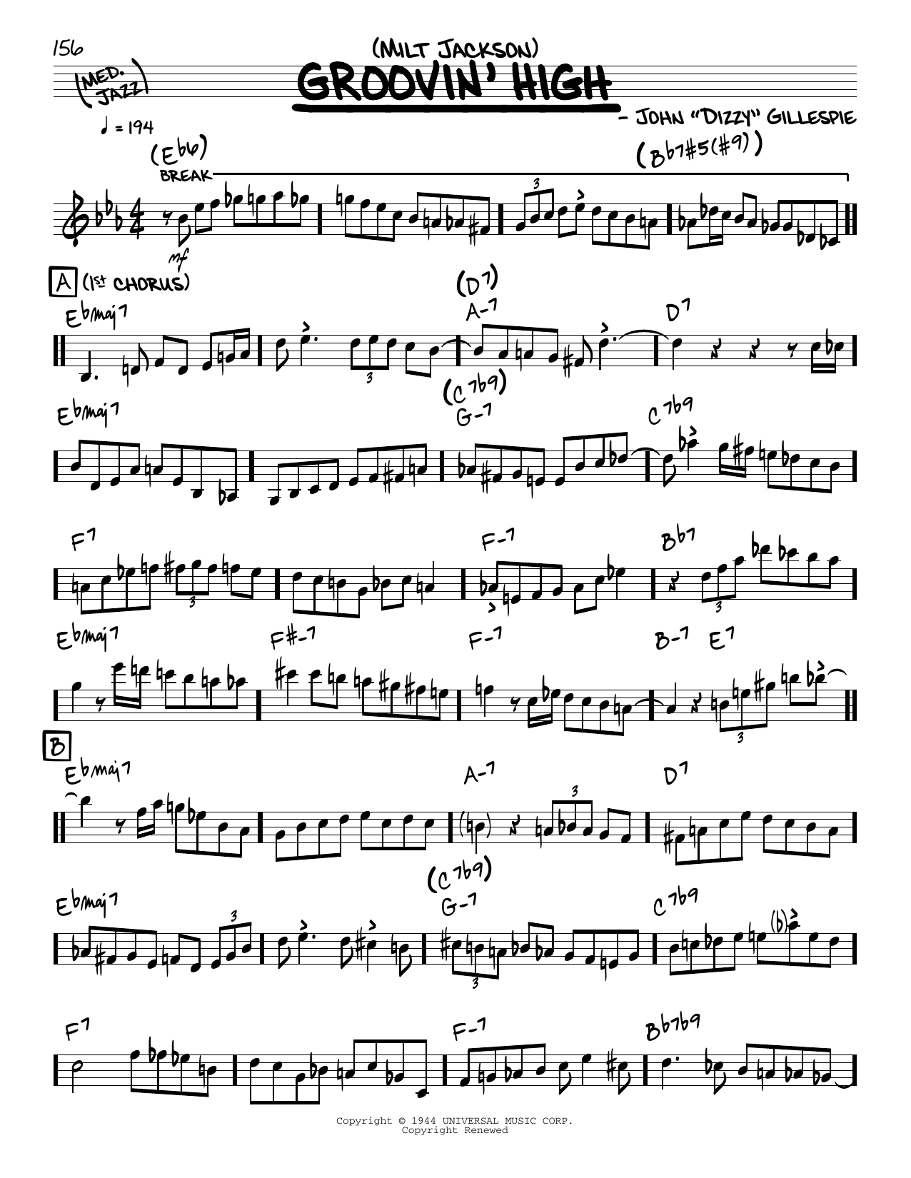 Milt Jackson Groovin' High (solo only) sheet music notes and chords arranged for Real Book – Melody & Chords