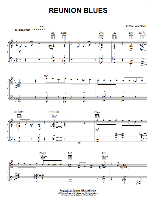Milt Jackson Reunion Blues sheet music notes and chords arranged for Piano, Vocal & Guitar Chords (Right-Hand Melody)