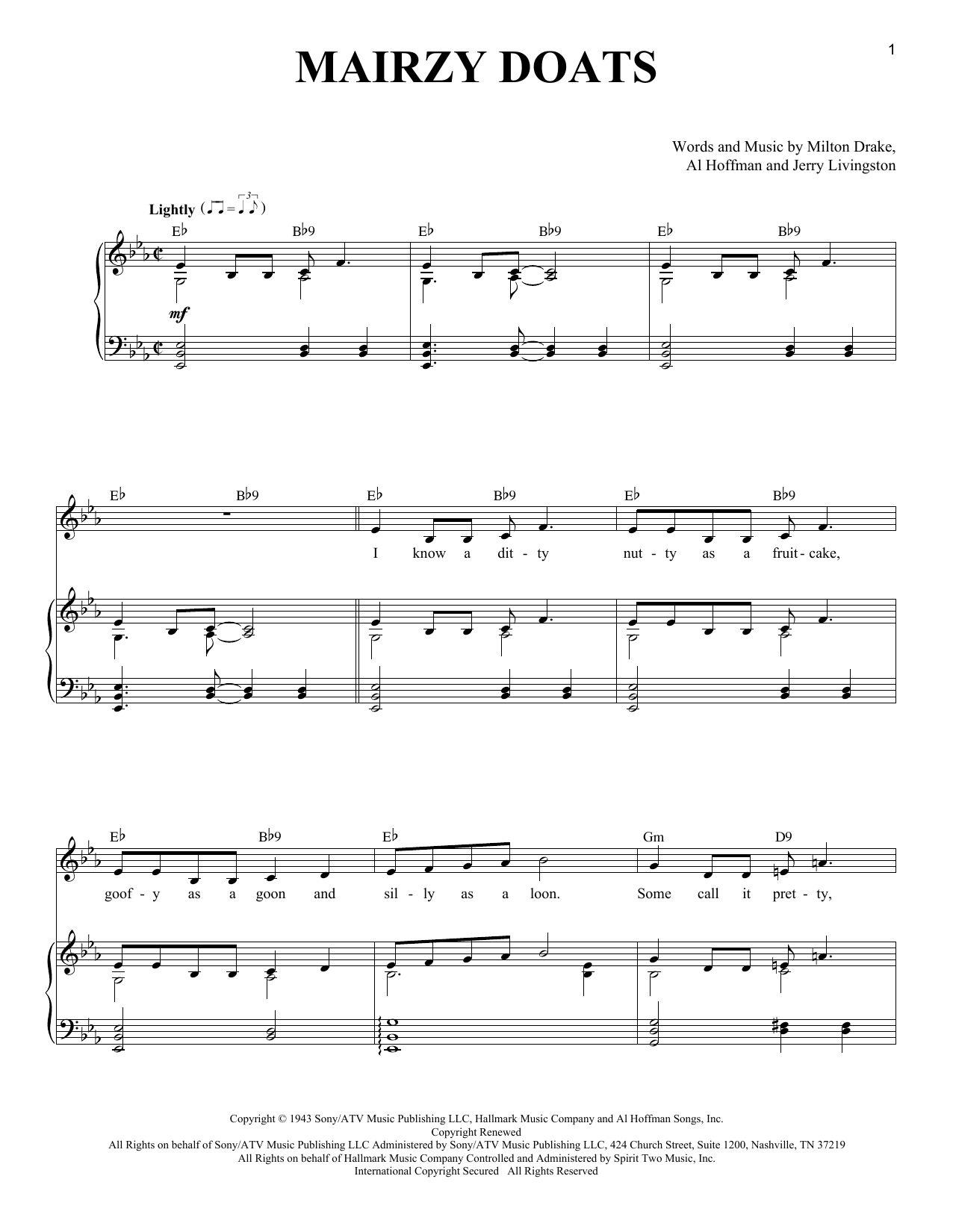 Milton Drake Mairzy Doats sheet music notes and chords arranged for Piano & Vocal