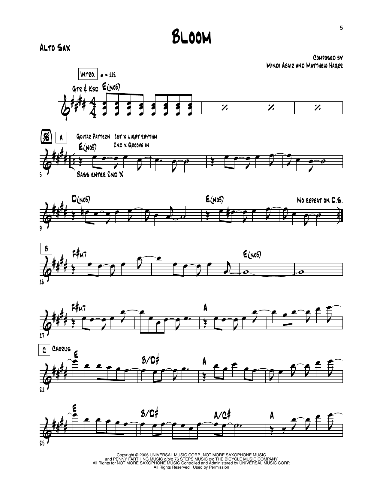 Mindi Abair Bloom sheet music notes and chords arranged for Alto Sax Transcription