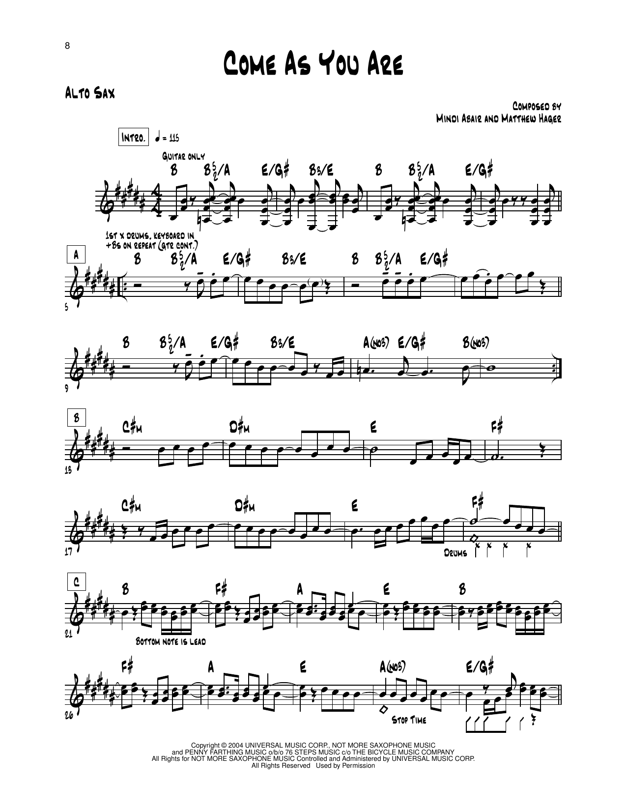 Mindi Abair Come As You Are sheet music notes and chords arranged for Alto Sax Transcription