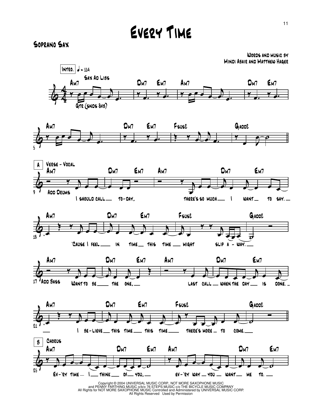 Mindi Abair Every Time sheet music notes and chords arranged for Soprano Sax Transcription