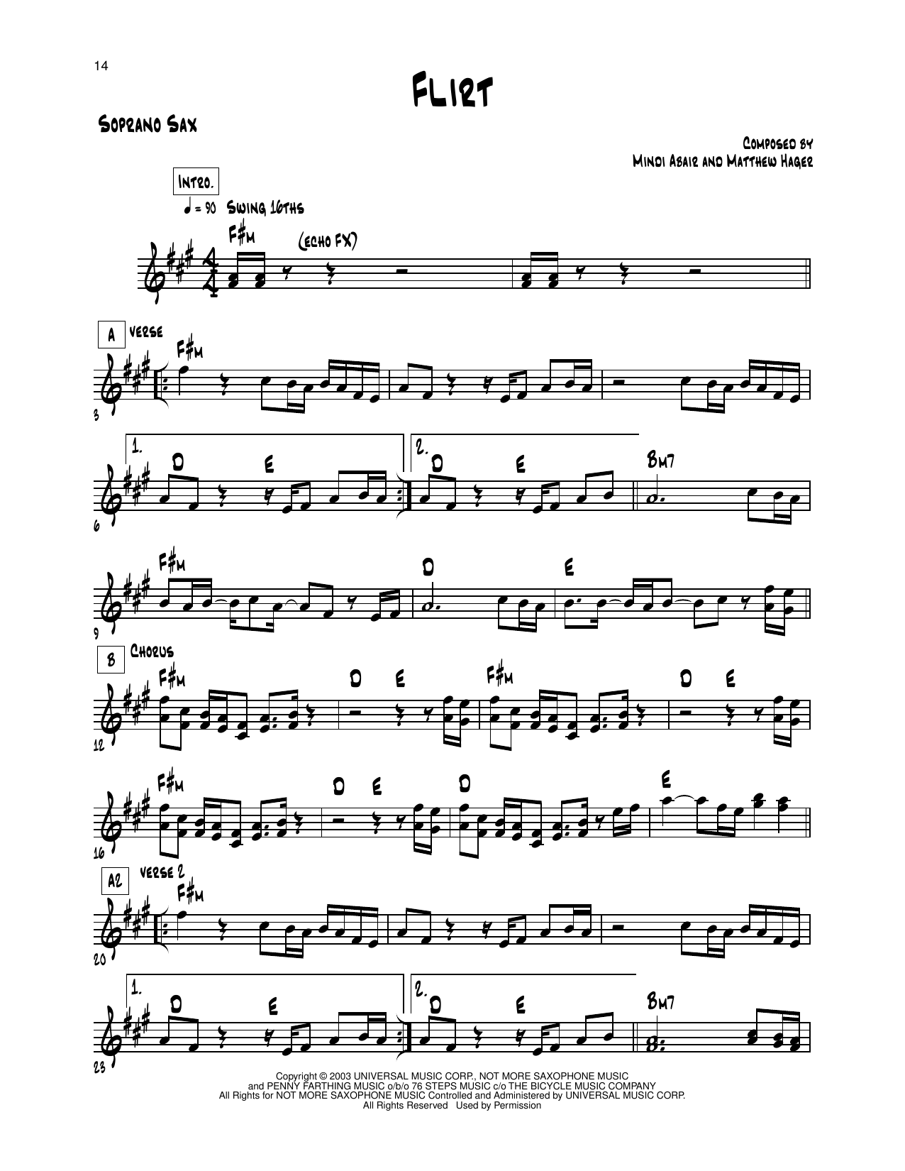 Mindi Abair Flirt sheet music notes and chords arranged for Soprano Sax Transcription