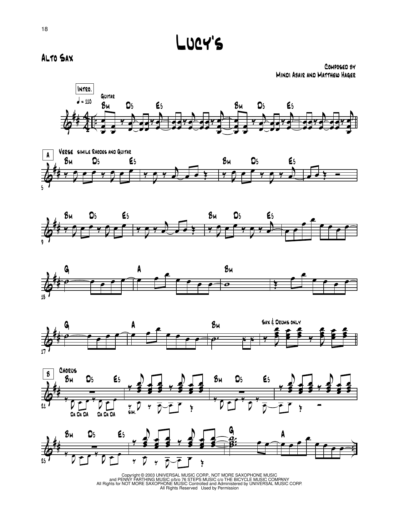 Mindi Abair Lucy's sheet music notes and chords arranged for Alto Sax Transcription