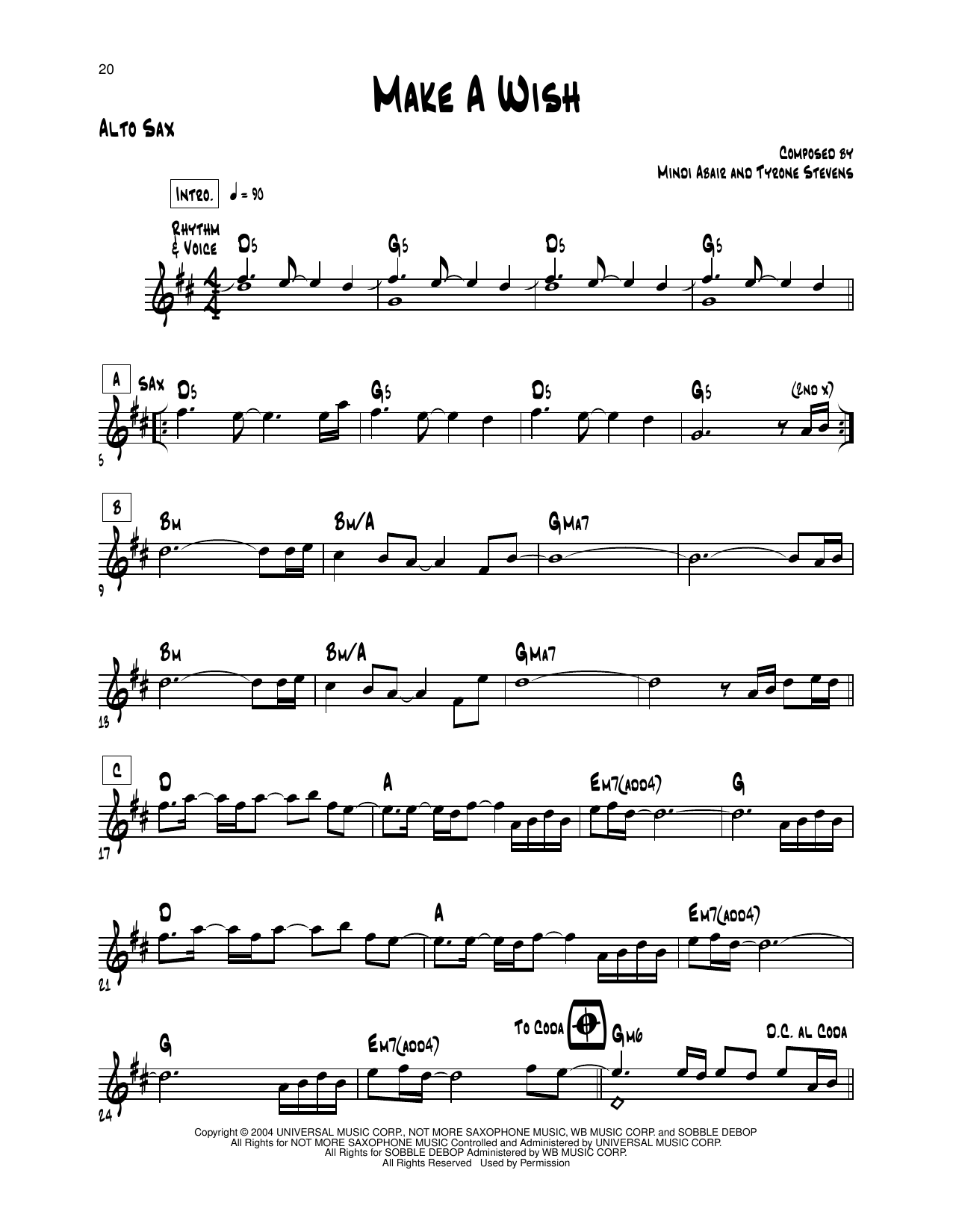Mindi Abair Make A Wish sheet music notes and chords arranged for Alto Sax Transcription