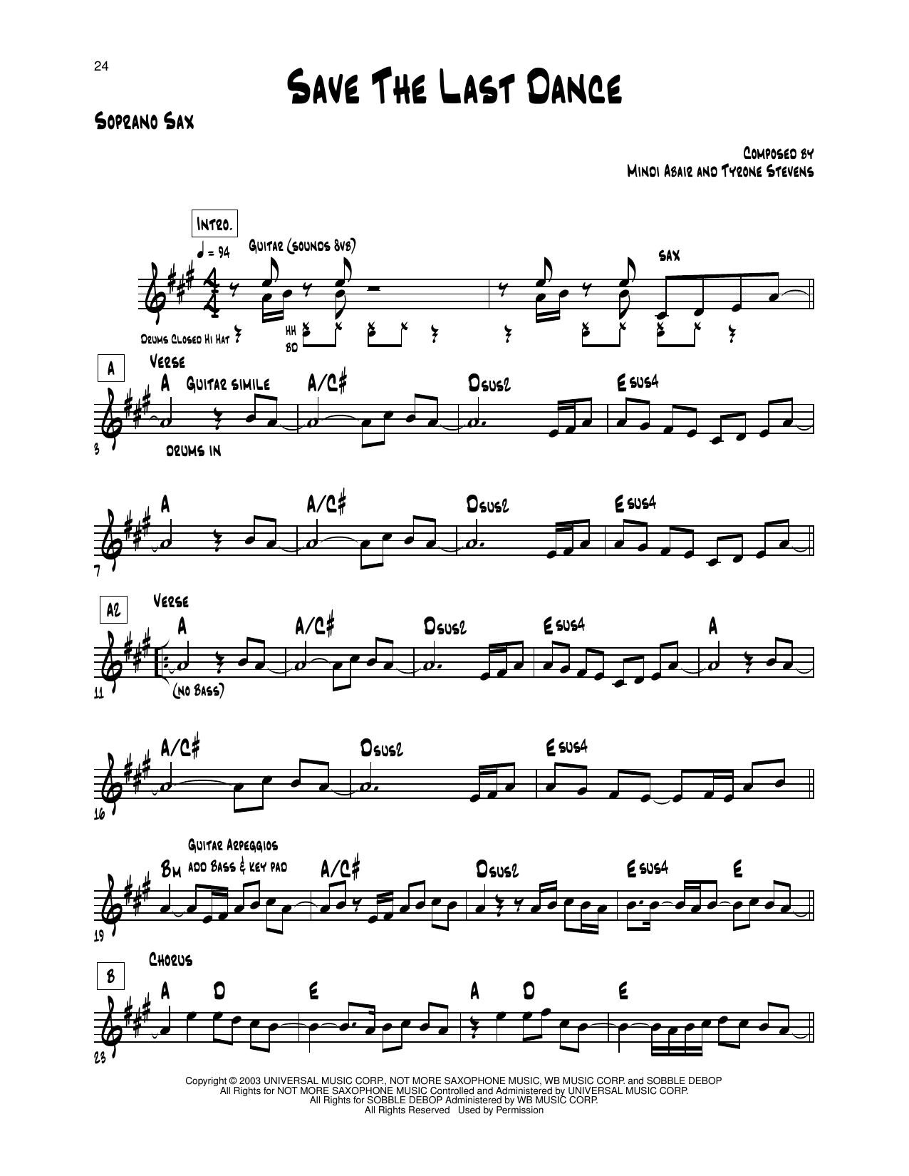 Mindi Abair Save The Last Dance sheet music notes and chords arranged for Soprano Sax Transcription