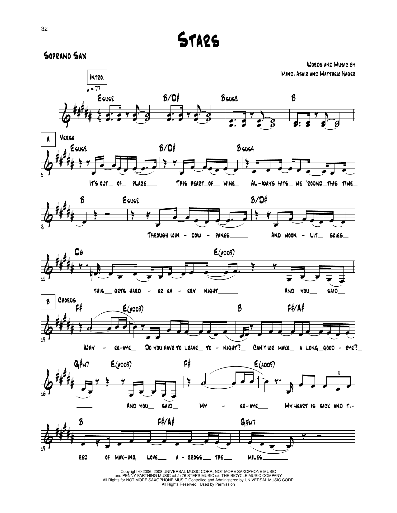 Mindi Abair Stars sheet music notes and chords arranged for Soprano Sax Transcription