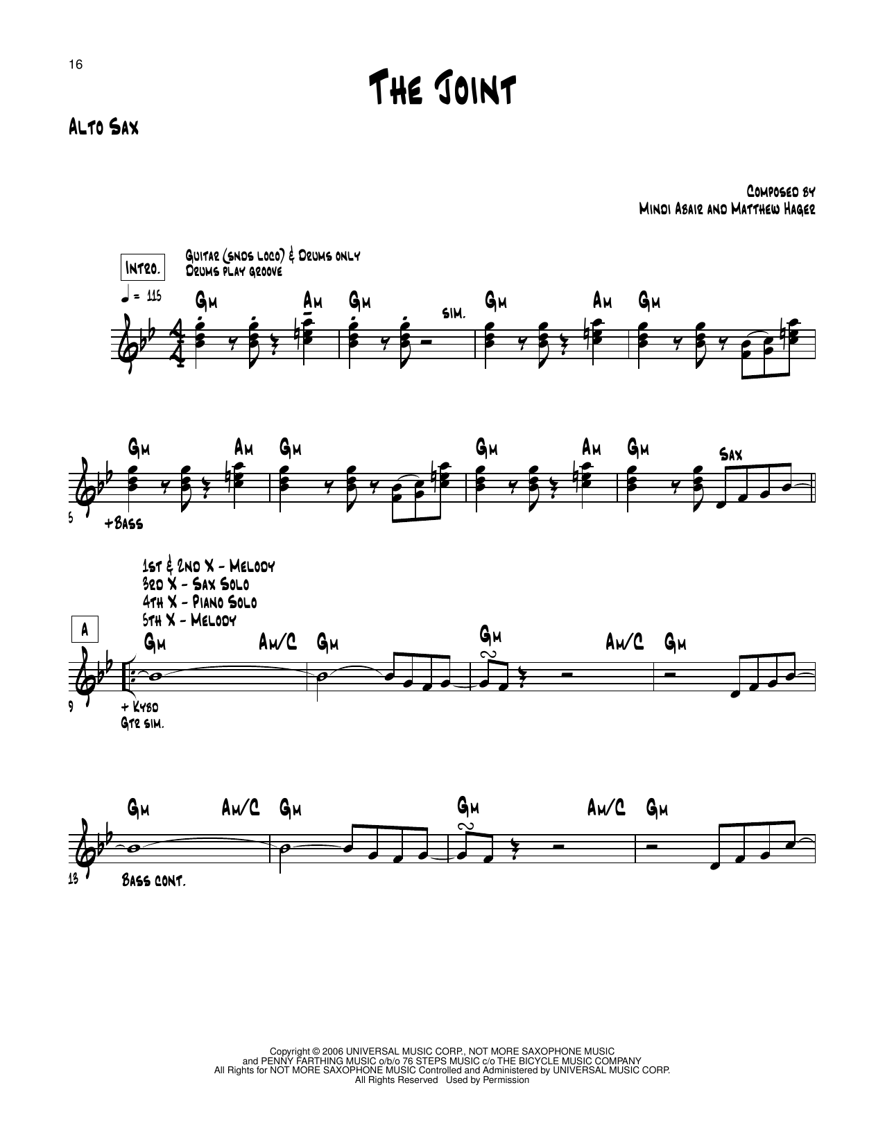 Mindi Abair The Joint sheet music notes and chords arranged for Alto Sax Transcription
