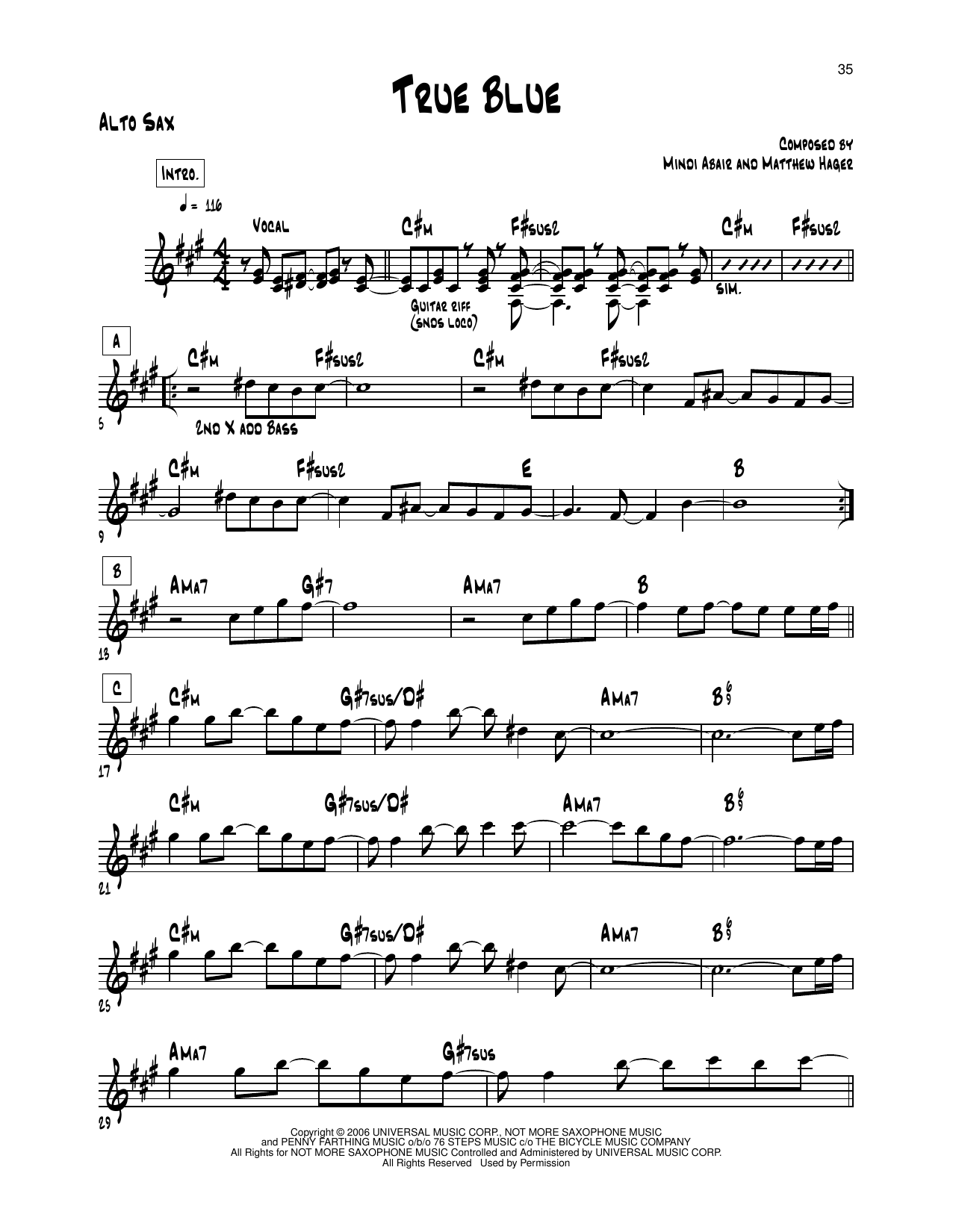Mindi Abair True Blue sheet music notes and chords arranged for Alto Sax Transcription