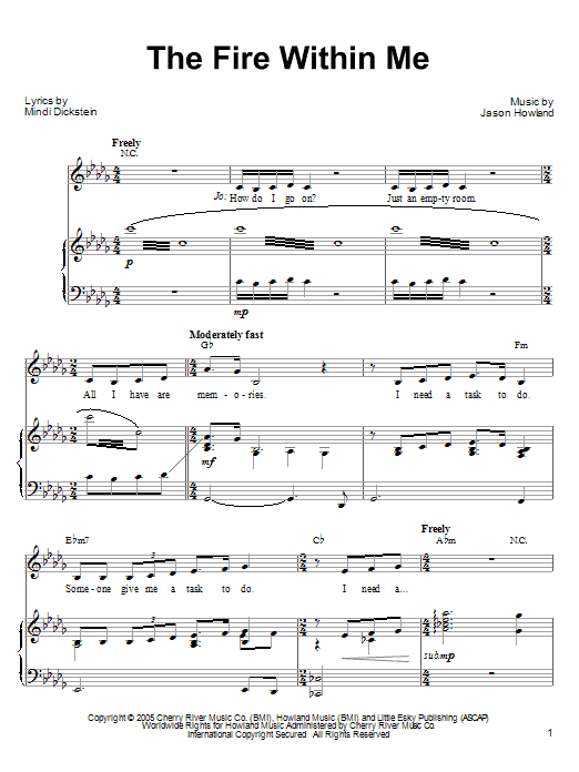 Mindi Dickstein The Fire Within Me sheet music notes and chords arranged for Piano, Vocal & Guitar Chords (Right-Hand Melody)