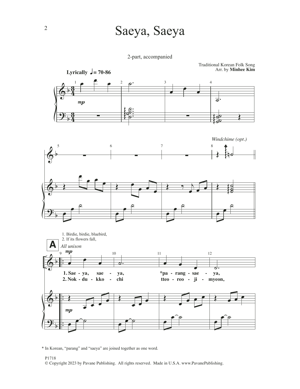 Minhee Kim Saeya, Saeya sheet music notes and chords arranged for 2-Part Choir