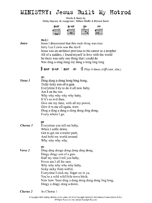 Ministry Jesus Built My Hotrod sheet music notes and chords arranged for Guitar Chords/Lyrics