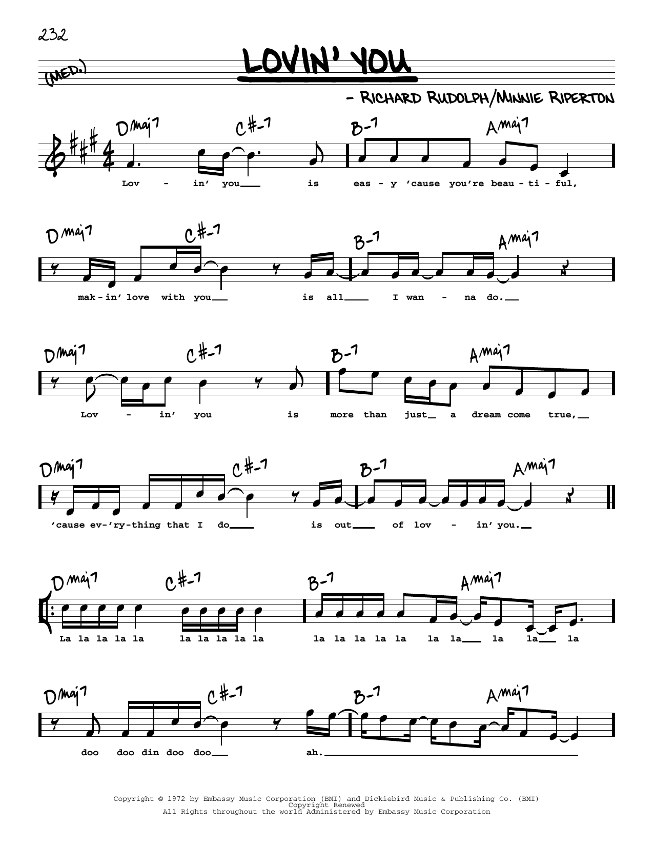 Minnie Riperton Lovin' You (High Voice) sheet music notes and chords arranged for Real Book – Melody, Lyrics & Chords