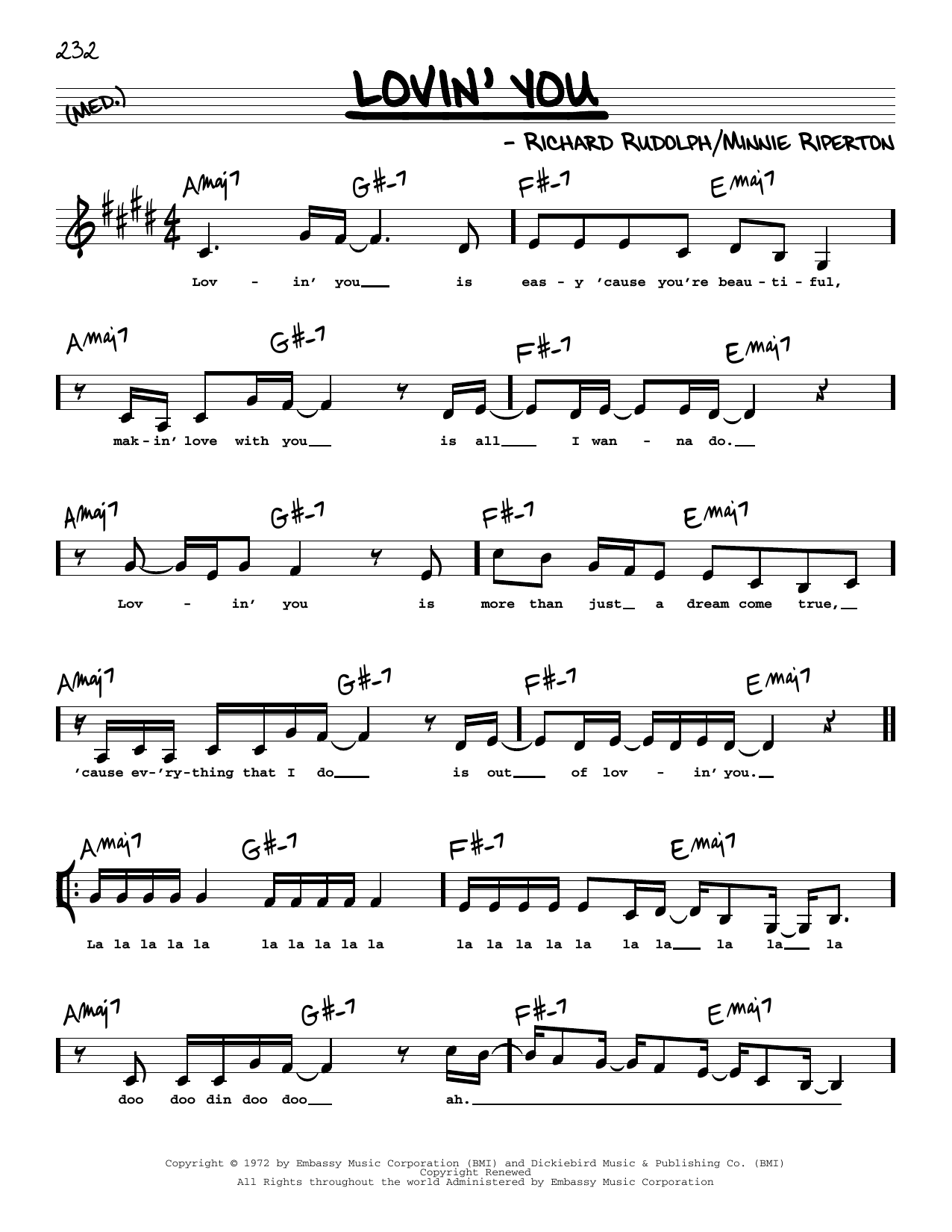 Minnie Riperton Lovin' You (Low Voice) sheet music notes and chords arranged for Real Book – Melody, Lyrics & Chords
