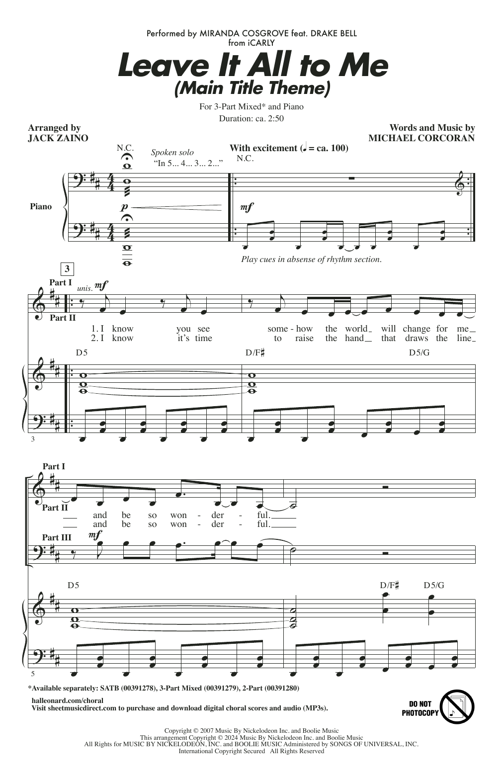 Miranda Cosgrove Leave It All To Me (Main Title Theme from iCarly) (arr. Jack Zaino) sheet music notes and chords arranged for 2-Part Choir