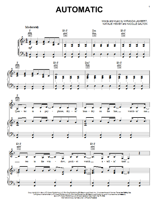 Miranda Lambert Automatic sheet music notes and chords arranged for Piano, Vocal & Guitar Chords (Right-Hand Melody)