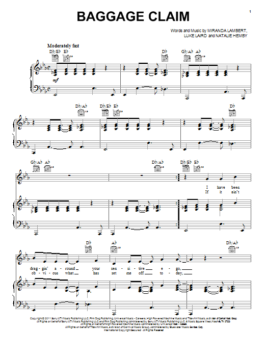 Miranda Lambert Baggage Claim sheet music notes and chords arranged for Piano, Vocal & Guitar Chords (Right-Hand Melody)