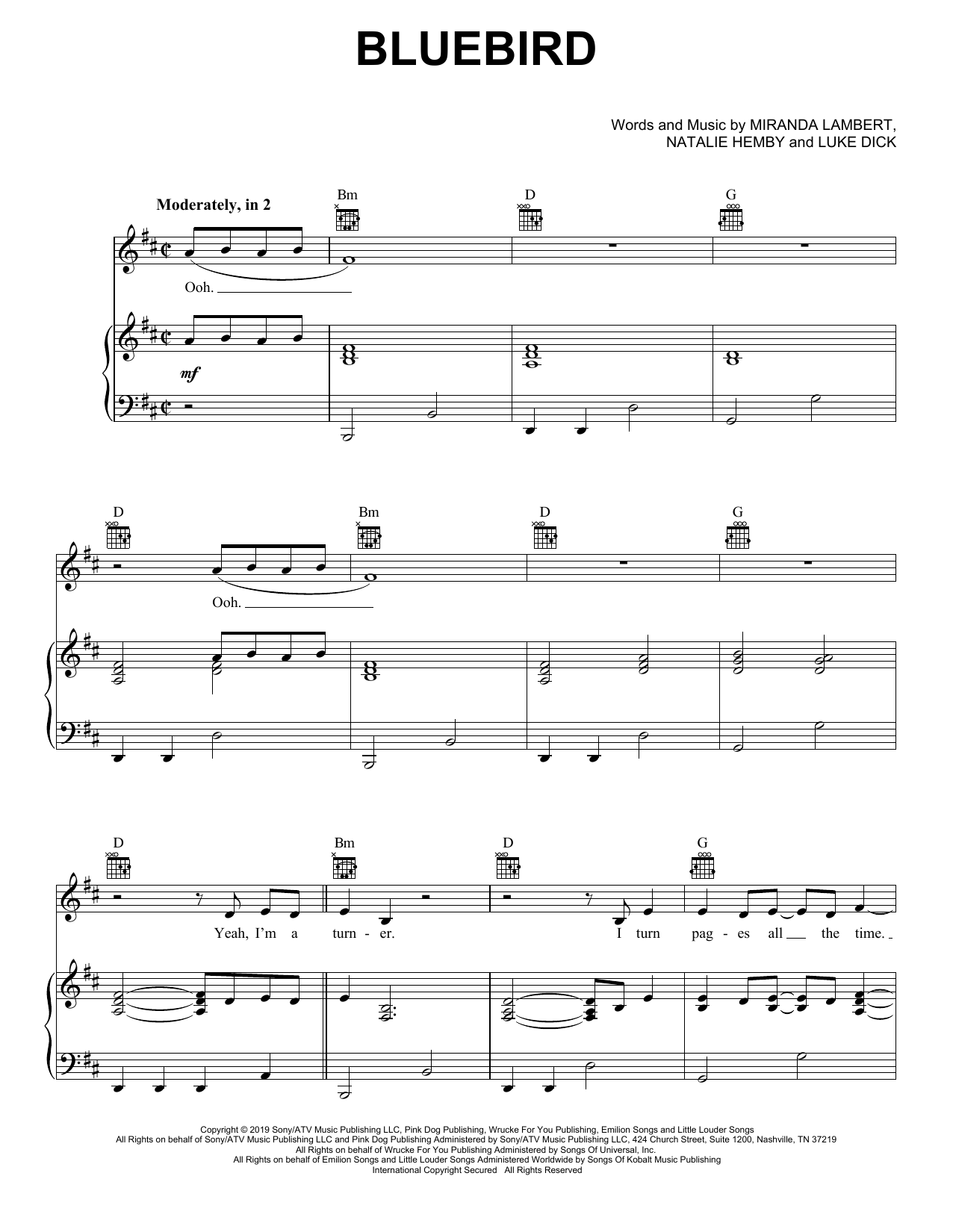 Miranda Lambert Bluebird sheet music notes and chords arranged for Piano, Vocal & Guitar Chords (Right-Hand Melody)