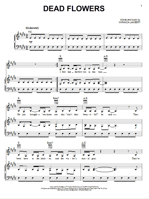 Miranda Lambert Dead Flowers sheet music notes and chords arranged for Piano, Vocal & Guitar Chords (Right-Hand Melody)
