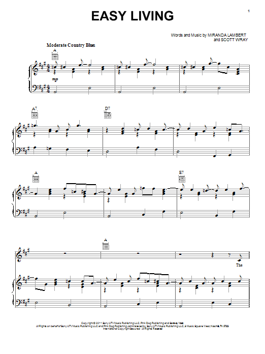 Miranda Lambert Easy Living sheet music notes and chords arranged for Piano, Vocal & Guitar Chords (Right-Hand Melody)