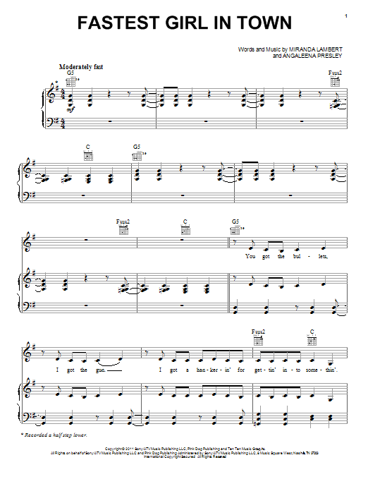 Miranda Lambert Fastest Girl In Town sheet music notes and chords arranged for Piano, Vocal & Guitar Chords (Right-Hand Melody)