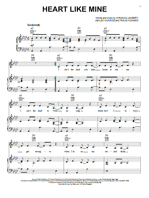 Miranda Lambert Heart Like Mine sheet music notes and chords arranged for Piano, Vocal & Guitar Chords (Right-Hand Melody)