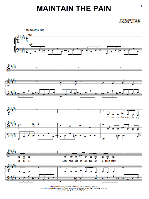 Miranda Lambert Maintain The Pain sheet music notes and chords arranged for Piano, Vocal & Guitar Chords (Right-Hand Melody)