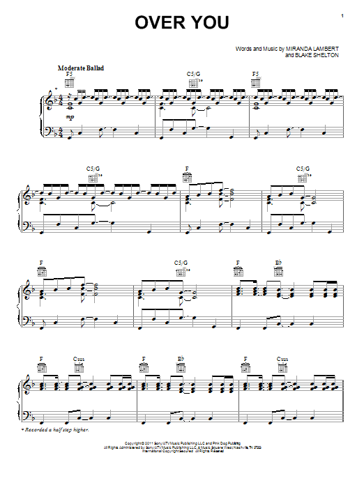 Miranda Lambert Over You sheet music notes and chords arranged for Piano, Vocal & Guitar Chords (Right-Hand Melody)