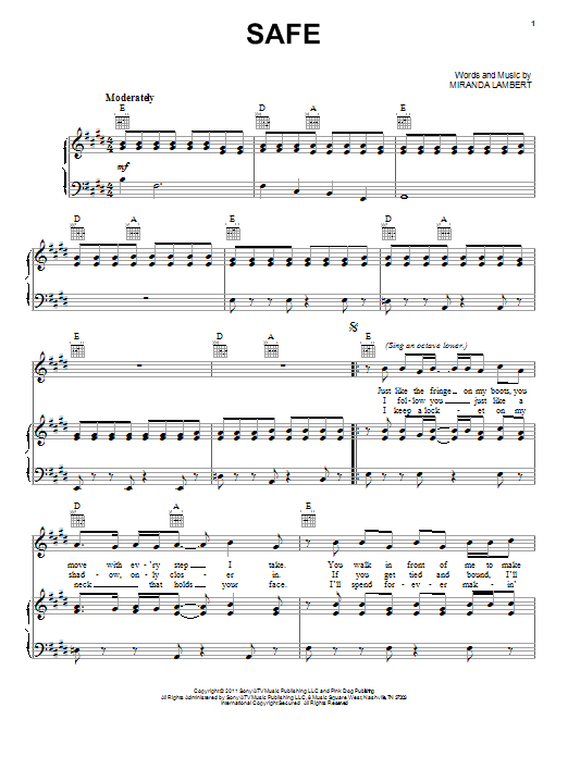 Miranda Lambert Safe sheet music notes and chords arranged for Piano, Vocal & Guitar Chords (Right-Hand Melody)