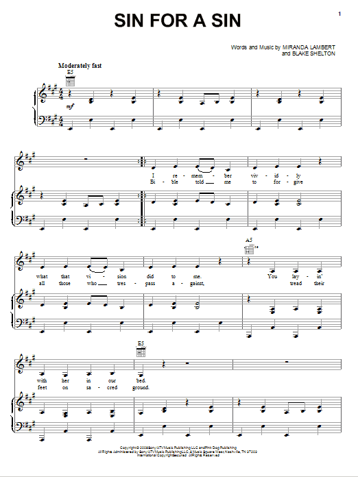 Miranda Lambert Sin For A Sin sheet music notes and chords arranged for Piano, Vocal & Guitar Chords (Right-Hand Melody)