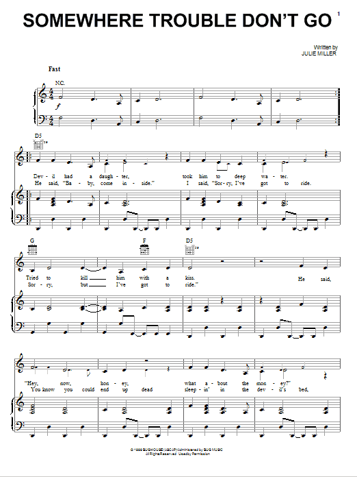 Miranda Lambert Somewhere Trouble Don't Go sheet music notes and chords arranged for Piano, Vocal & Guitar Chords (Right-Hand Melody)