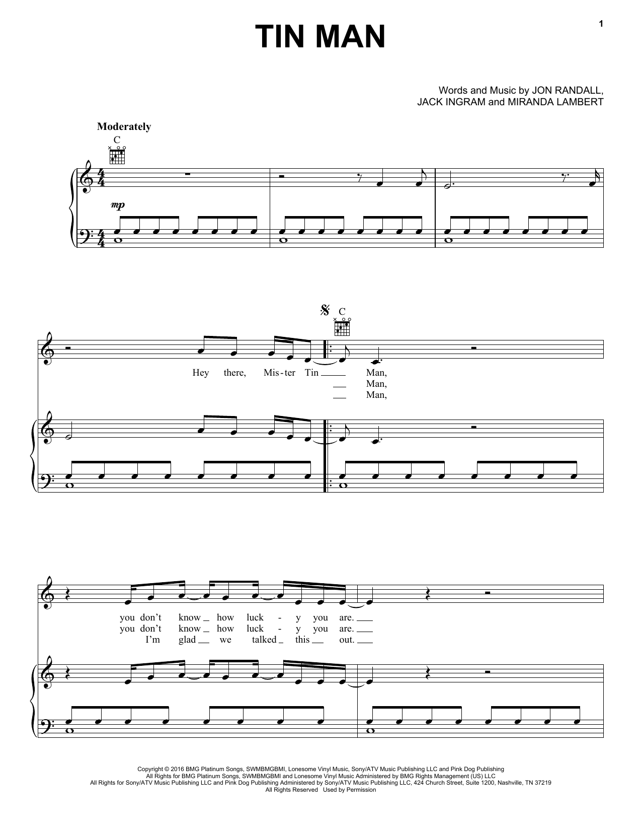 Miranda Lambert Tin Man sheet music notes and chords arranged for Piano, Vocal & Guitar Chords (Right-Hand Melody)