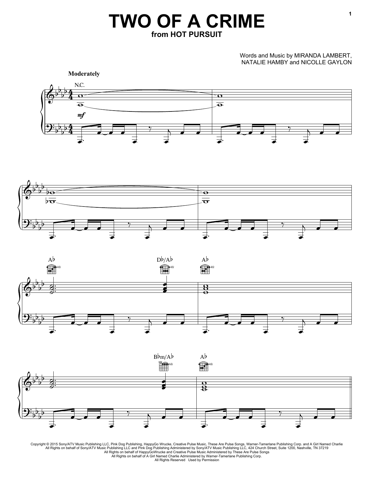 Miranda Lambert Two Of A Crime sheet music notes and chords arranged for Piano, Vocal & Guitar Chords (Right-Hand Melody)