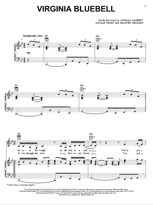 Miranda Lambert Virginia Bluebell sheet music notes and chords arranged for Piano, Vocal & Guitar Chords (Right-Hand Melody)