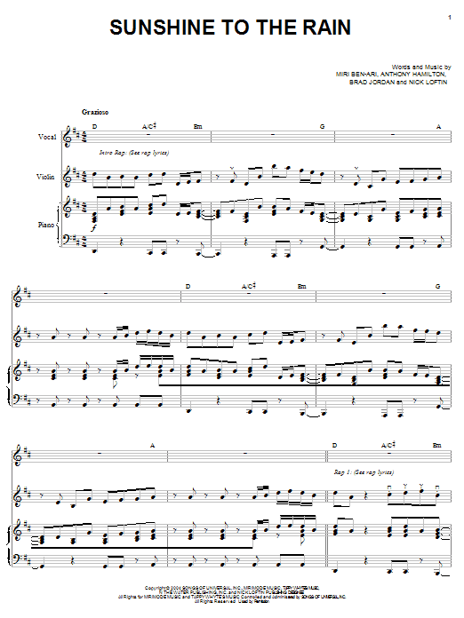 Miri Ben-Ari featuring Scarface & Anthony Hamilton Sunshine To The Rain sheet music notes and chords arranged for Piano, Vocal & Guitar Chords (Right-Hand Melody)